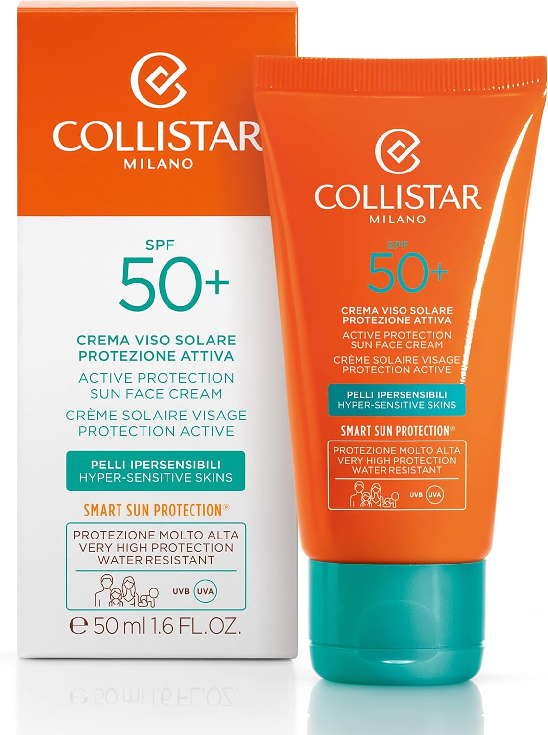 Collistar Crema Viso Solare Protezione Attiva SPF 50+, Prevenzione da rughe e macchie, Ottimo anche per seno, décolleté, mani