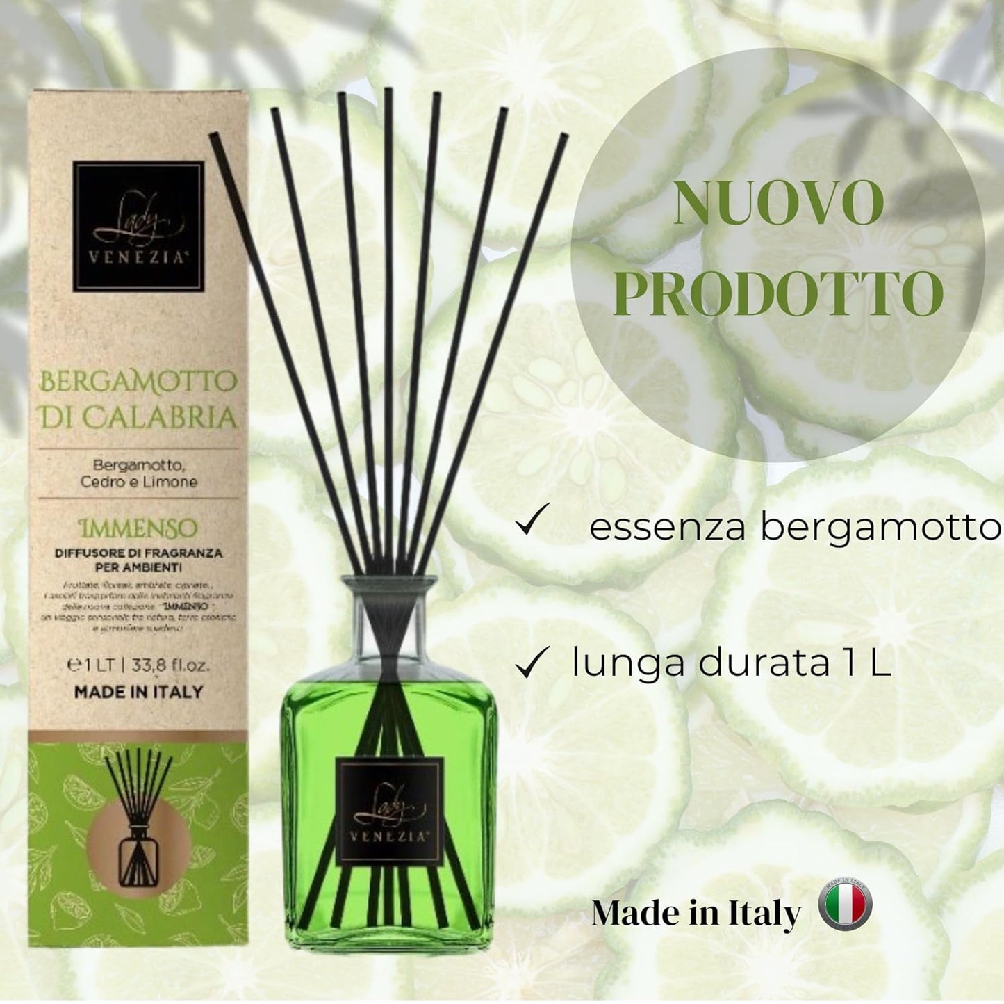 Lady Venezia - Profumatore per Ambienti - Diffusore Profumo Ambiente - Profumatore per Ambienti Bastoncini - Formato Convenienza 1LT (Bergamotto di Calabria)