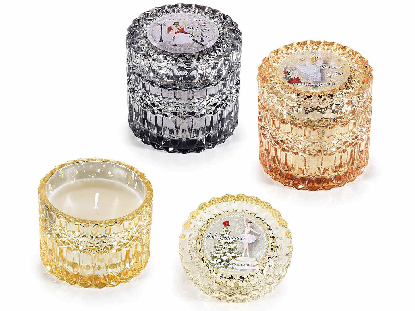 Candela profumata in barattolo vetro lavorato con coperchio