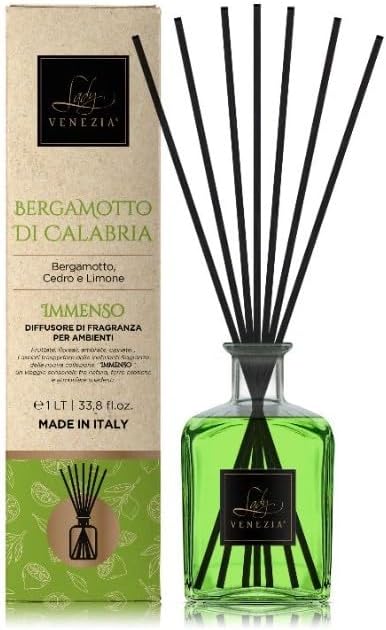 Lady Venezia - Profumatore per Ambienti - Diffusore Profumo Ambiente - Profumatore per Ambienti Bastoncini - Formato Convenienza 1LT (Bergamotto di Calabria)
