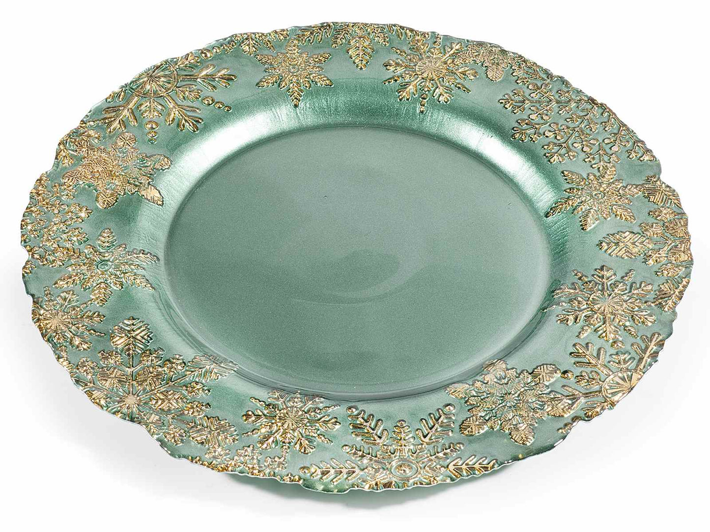 Piatto tondo in vetro verde alimentare con rilievi dorati