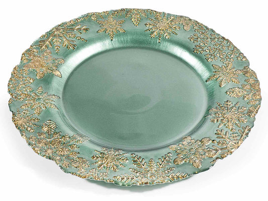 Piatto tondo in vetro verde alimentare con rilievi dorati