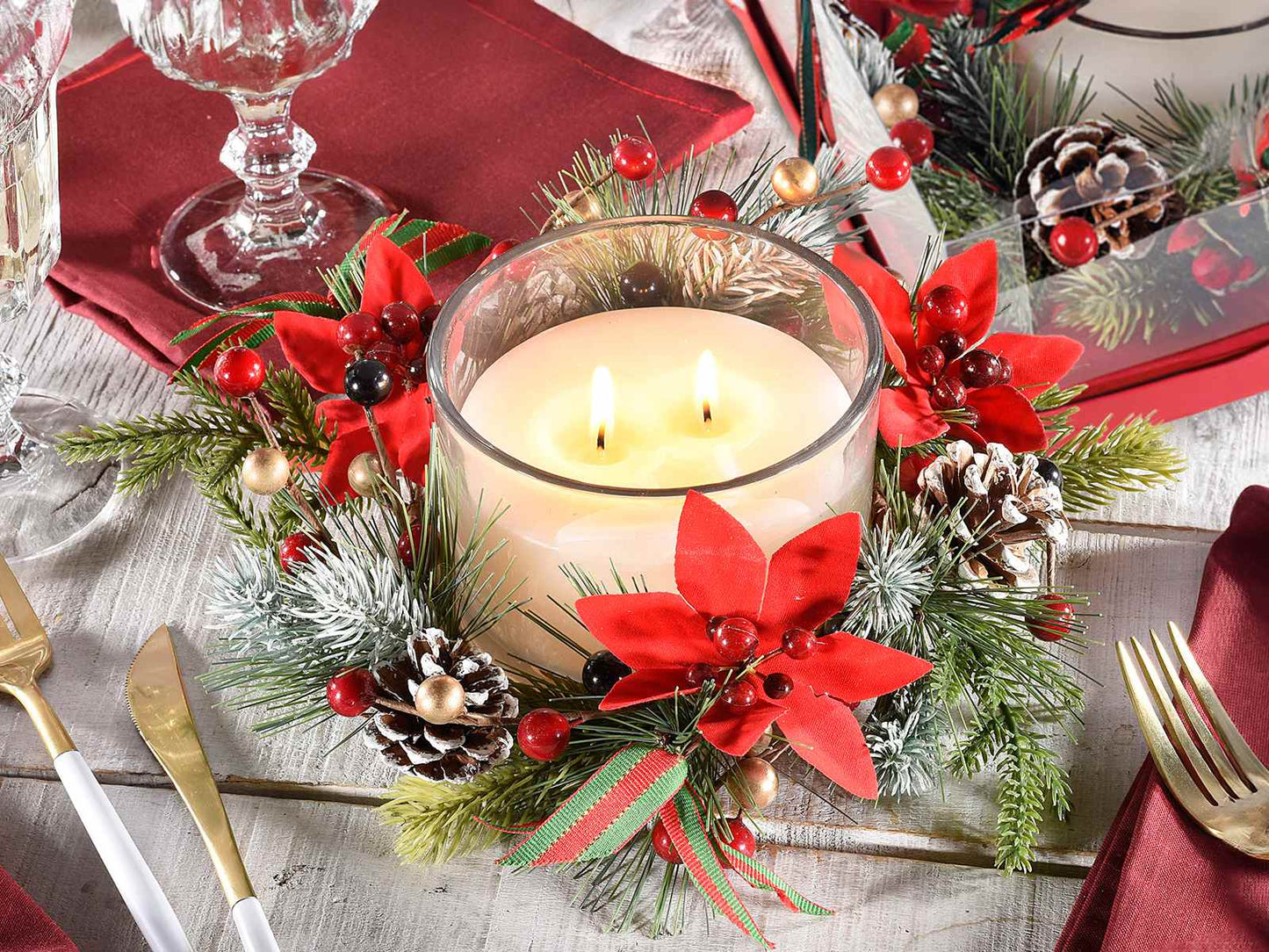 Candela doppia fiamma in vasetto di vetro con ghirlanda